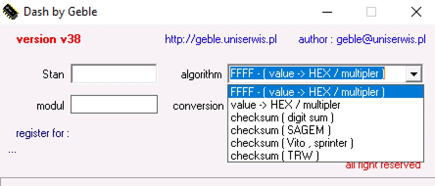Dash by Geble v38 window showing value→HEX×multiplier conversion and checksum options for SAGEM, TRW, and Vito/Sprinter clusters.