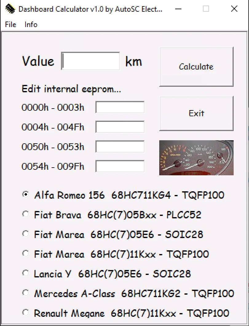 Dashboard Calculator v1.0 main window for Magneti Marelli dashboards with EEPROM ranges and km calculator
