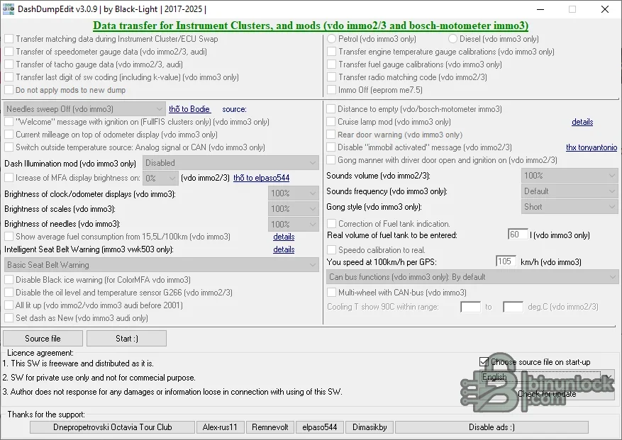 DashDumpEdit interface for VDO immo2 and immo3 and Bosch-Motometer immo3 cluster data transfer and calibration options