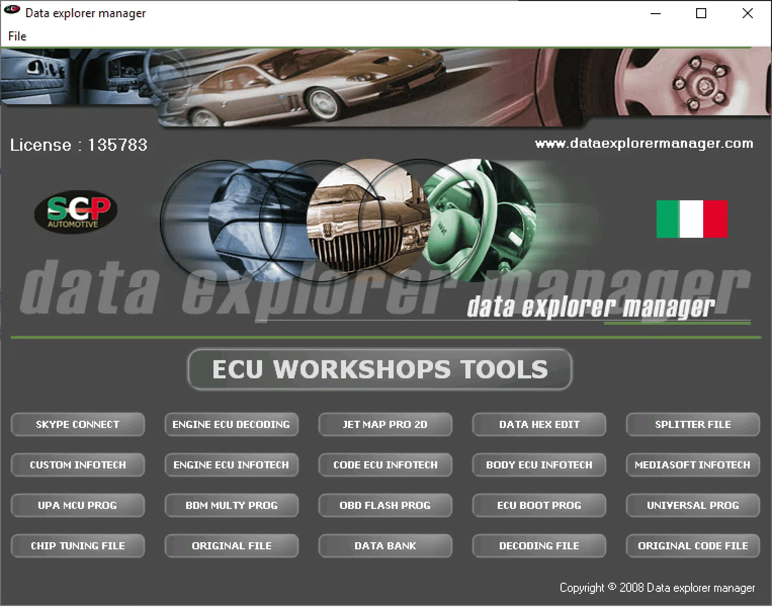 The main menu of the Data explorer manager suite, showing buttons for its many included ECU workshops tools.