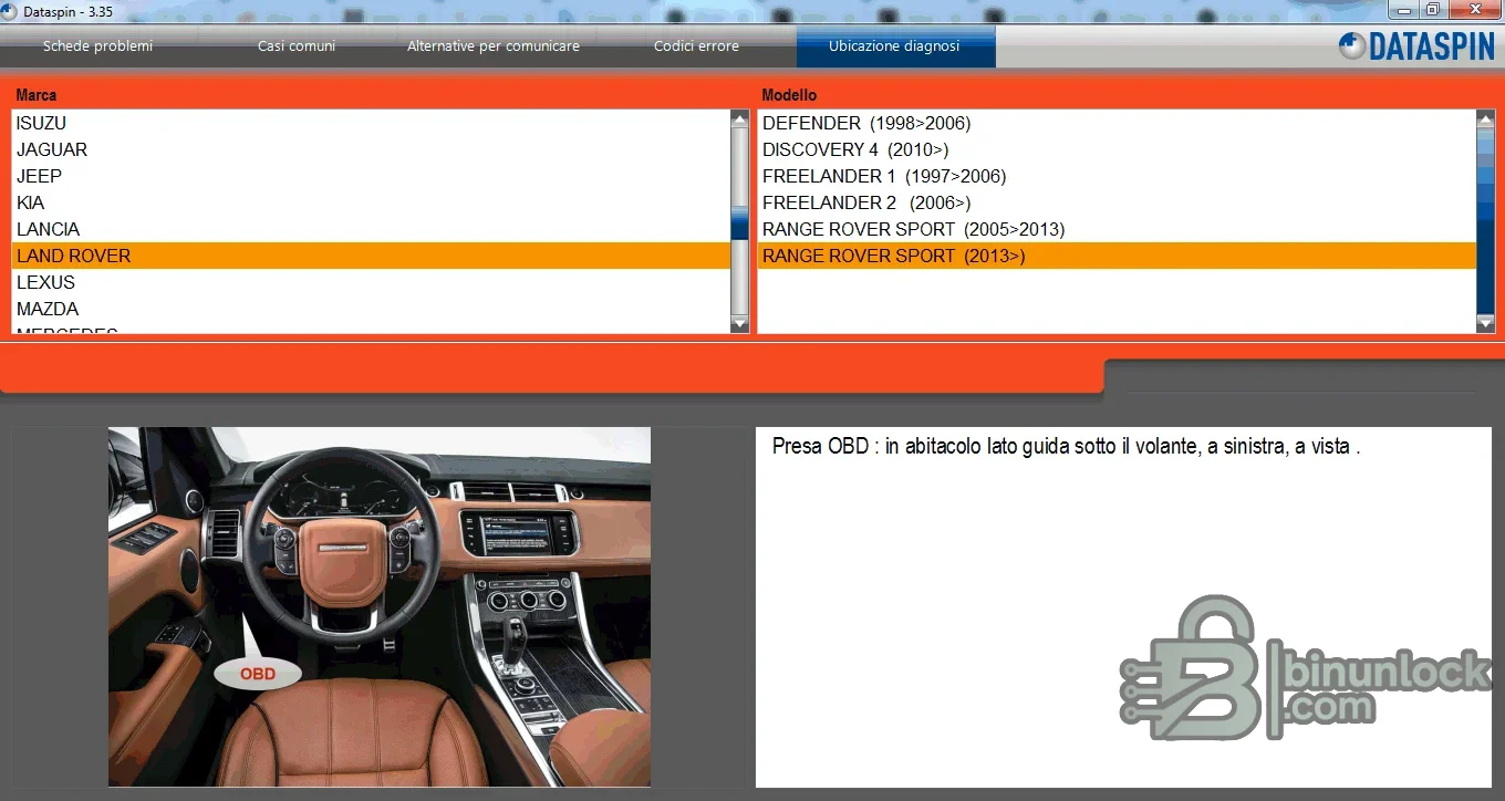 Dataspin vehicle selection screen showing a Land Rover OBD connector location and cabin photo