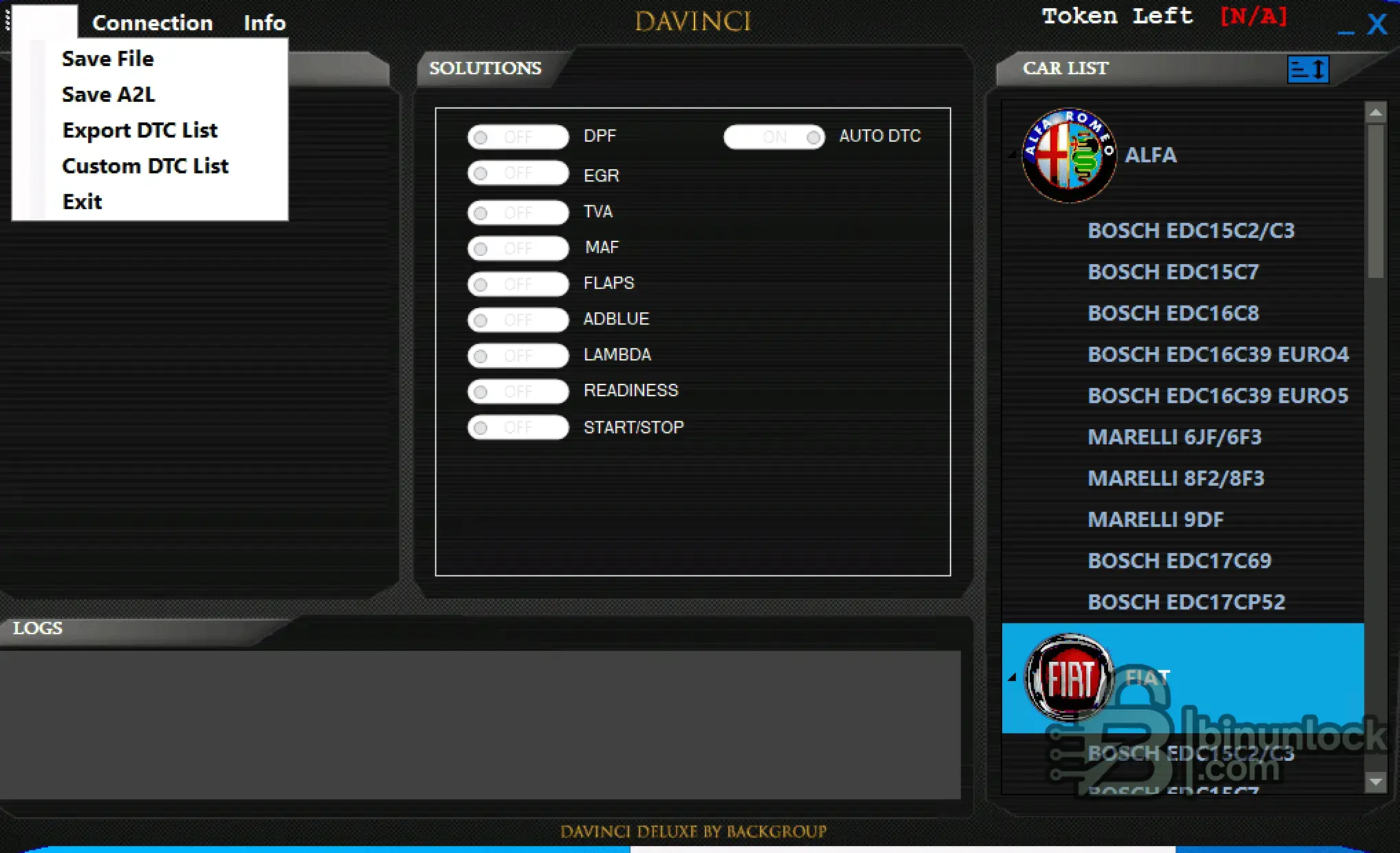 The main interface of Davinci Deluxe, showing the one-click solutions for DPF, EGR, and Adblue removal, with the car list for Alfa Romeo and Fiat ECUs.