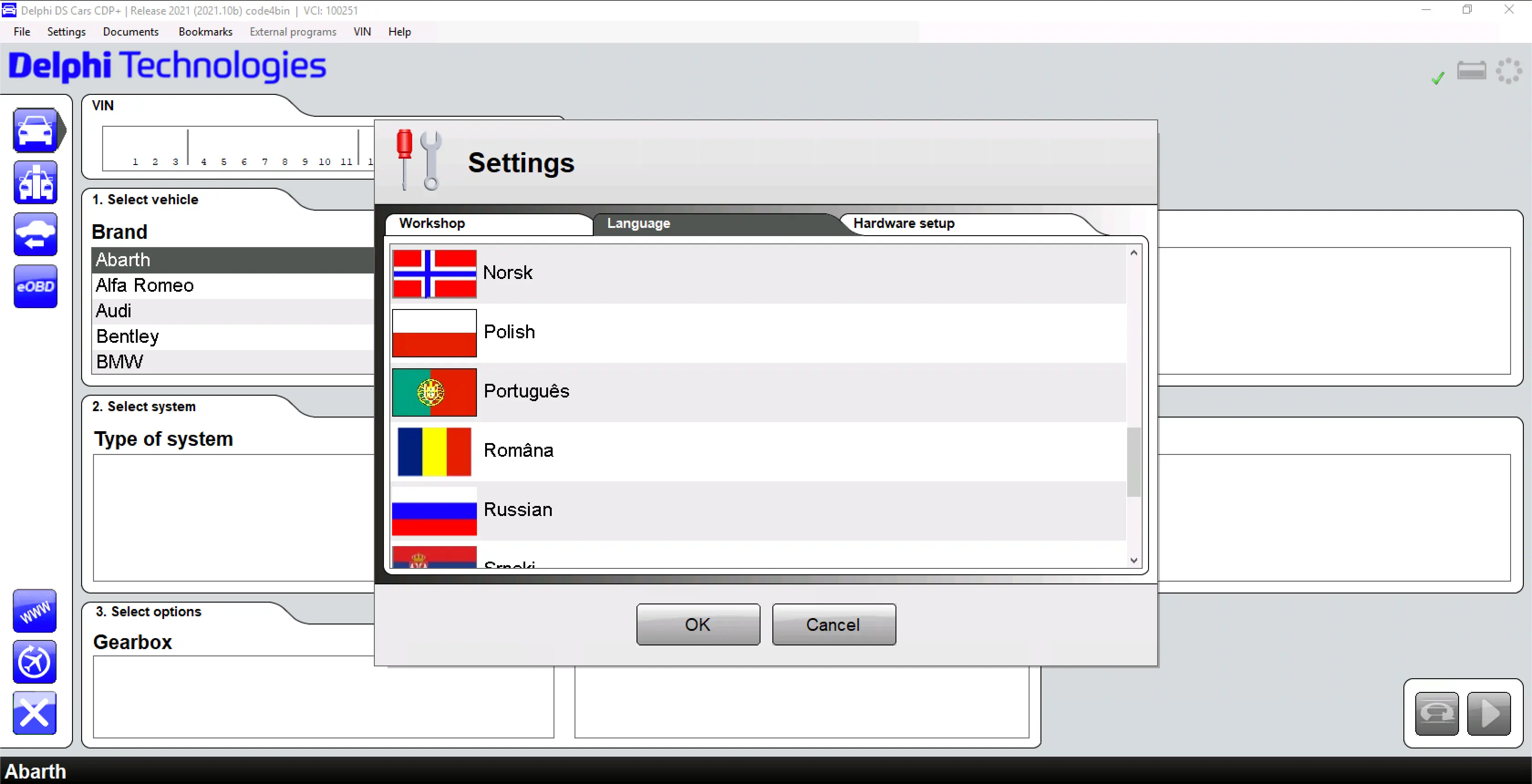 Delphi DS Cars 2021.10b language settings window showing multi-language workshop interface