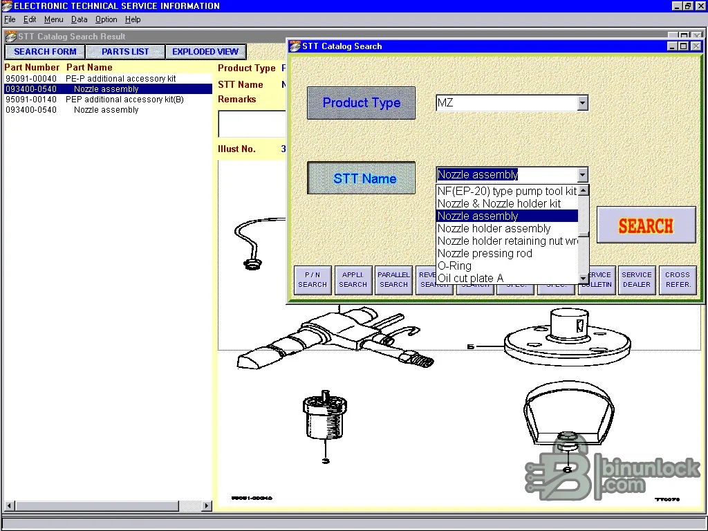 DENSO electronic technical service information special-tool catalog with product type, tool name, parts list and exploded view