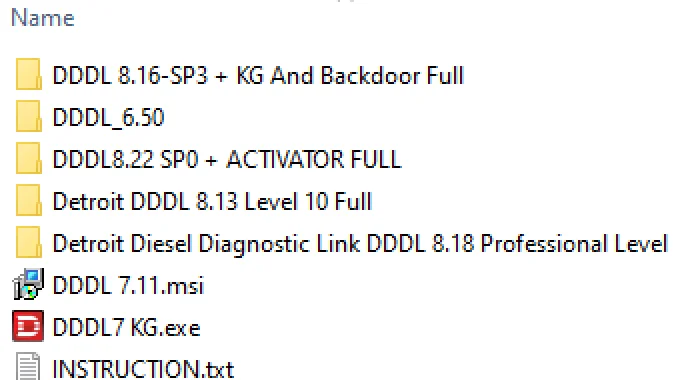 Screenshot of Detroit DiagnosticLink 8.22 SP0 package list showing installers, manuals, and truck diagnostics resources.