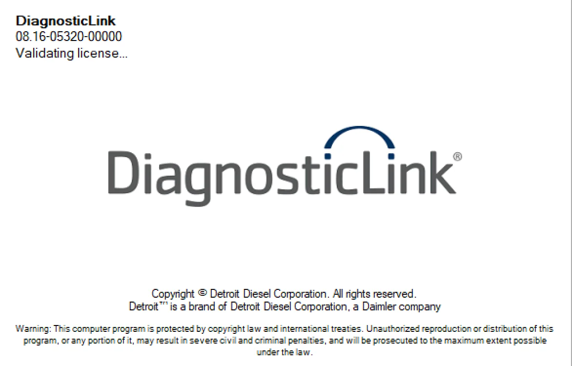 The splash screen for Detroit Diesel DiagnosticLink software, version 8.16, shown while the program is validating its license.