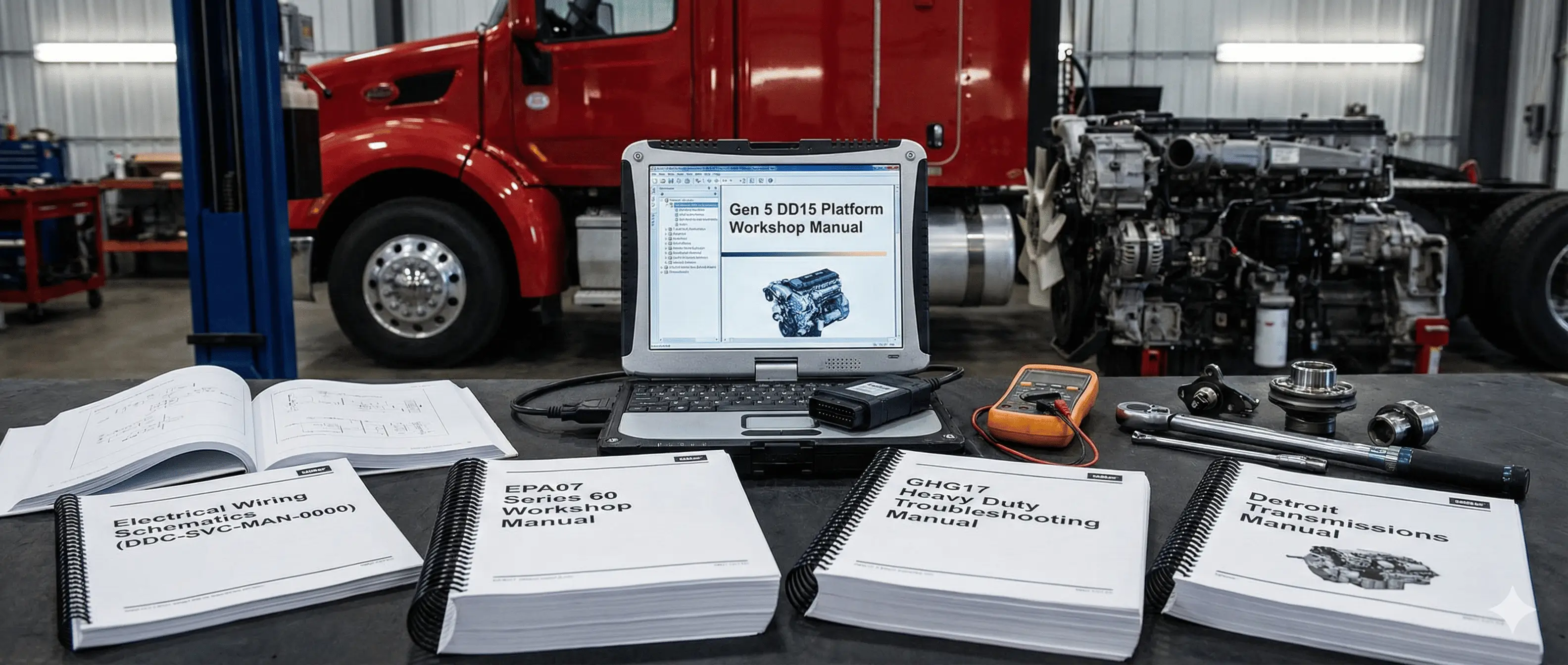 Detroit Diesel manual bundle image for Gen 5 engines, workshop repair, electronics troubleshooting, and wiring schematics.