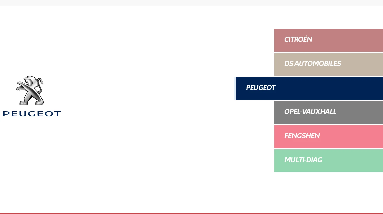 Version 9.85 brand selector showing Peugeot, Citroën, DS and Opel-Vauxhall menus.