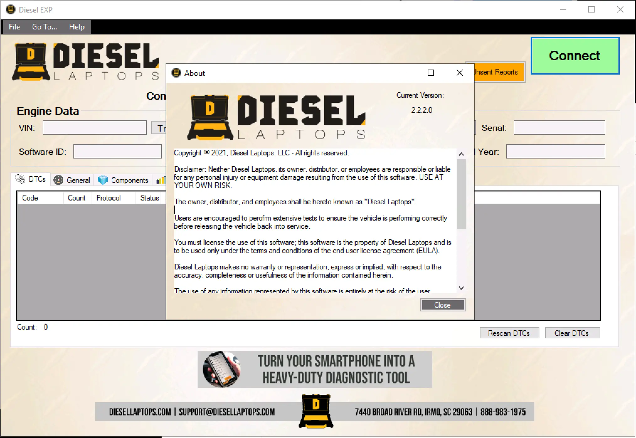 About dialog displaying Diesel Explorer 2.2.x series on Windows.