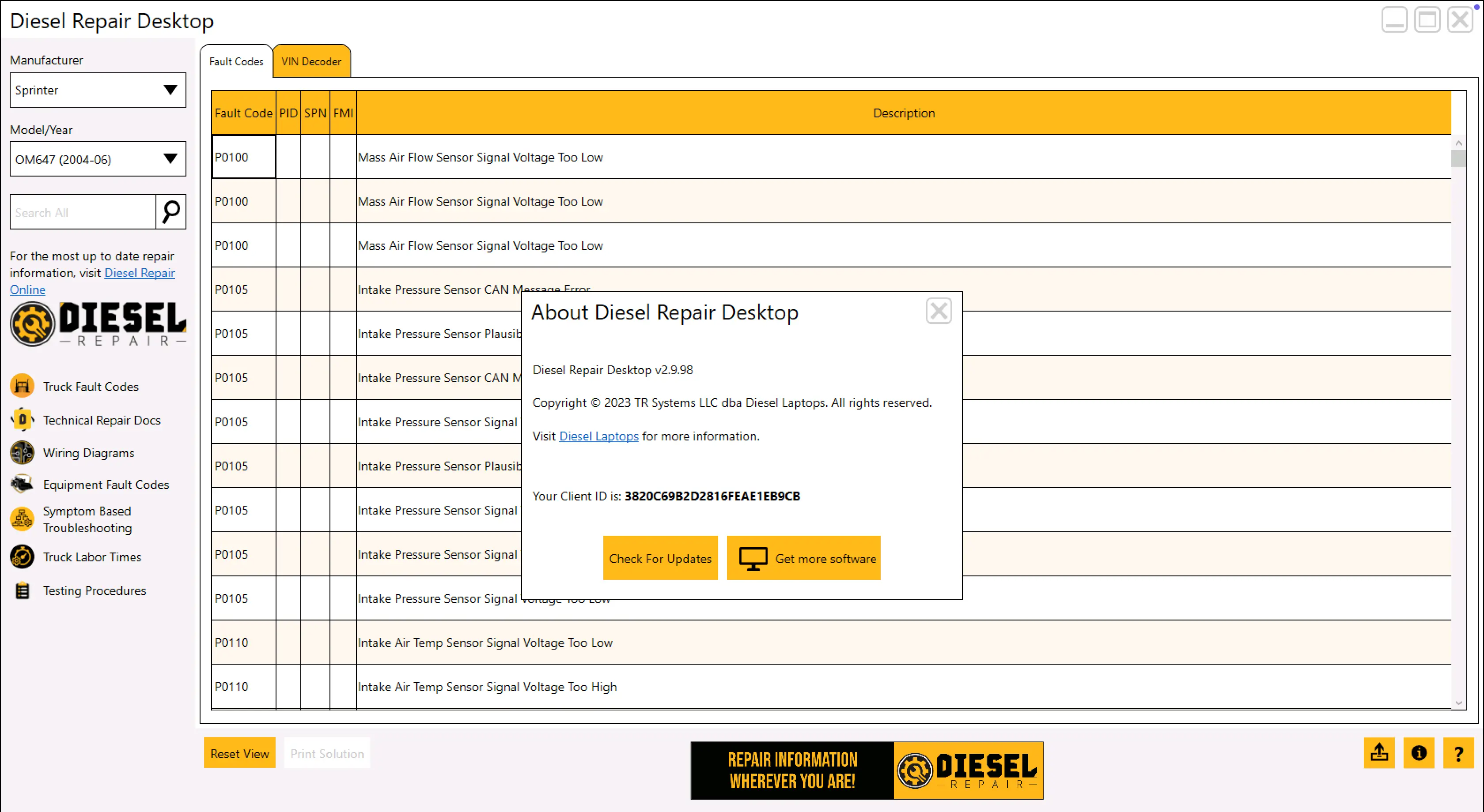 About dialog displaying Diesel Repair Desktop version and client ID.