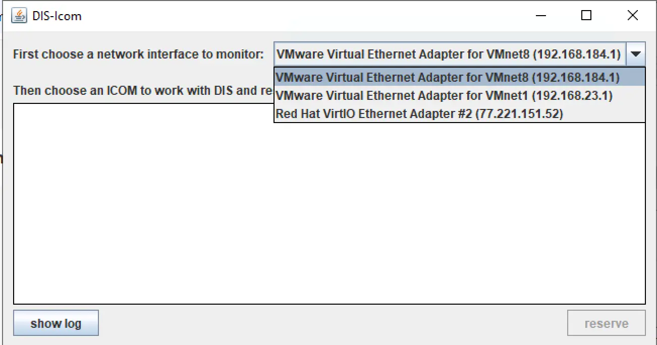 DIS Icom helper window selecting VMware virtual Ethernet adapter to reserve an ICOM connection for GT1 and DIS.
