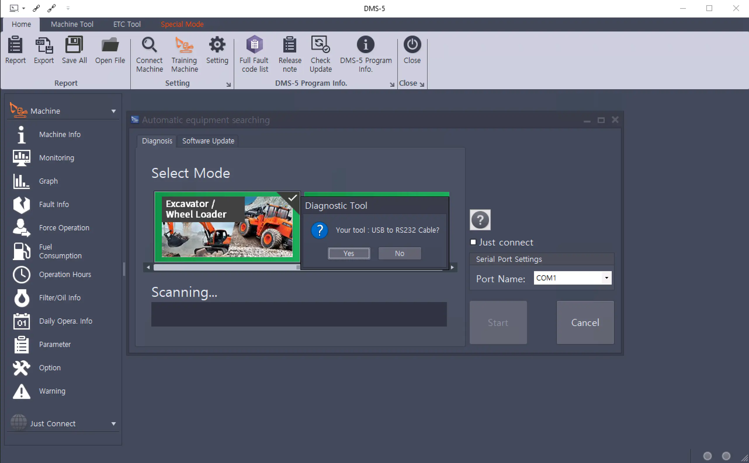 Doosan DMS-5 3.0.5 connect machine screen with excavator or wheel loader mode and COM port settings.