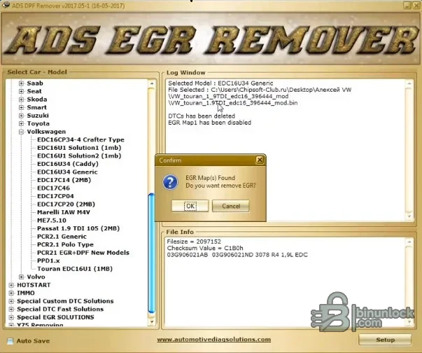 DPF and EGR remover interface with vehicle and ECU profiles, operation log, file size and checksum fields