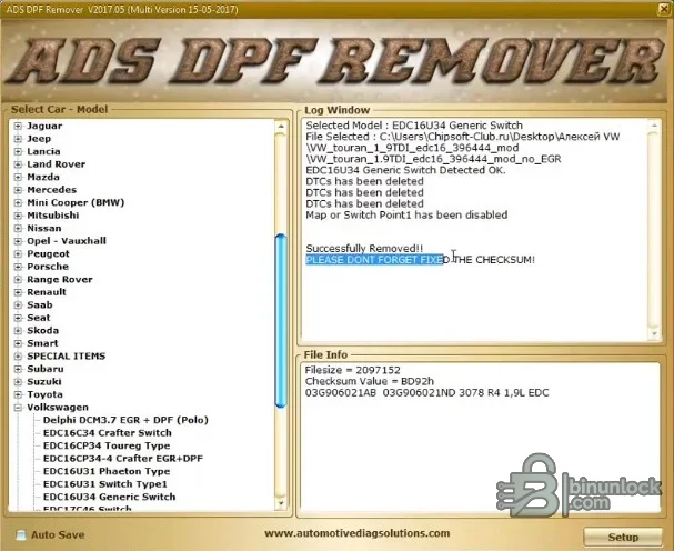 DPF remover interface showing multi-brand vehicle profiles and ECU solution groups