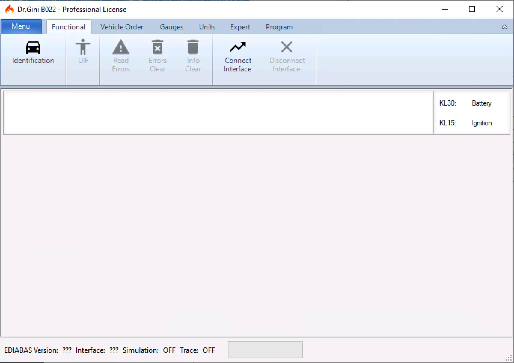 B022 build 105 main dashboard with EDIABAS status, interface controls, and ignition indicators