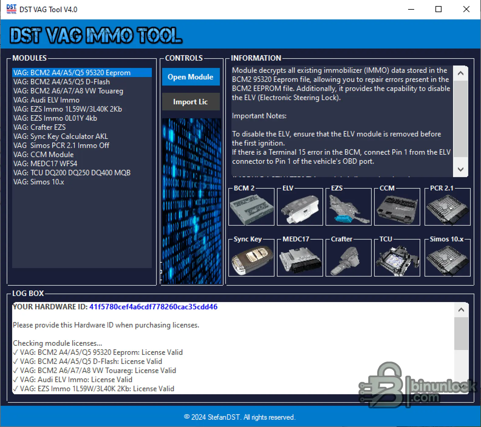DST VAG IMMO Tool 4.0 main workspace showing Audi Volkswagen BCM2, ELV, EZS, MEDC17, Simos, CCM, TCU and key synchronization modules.