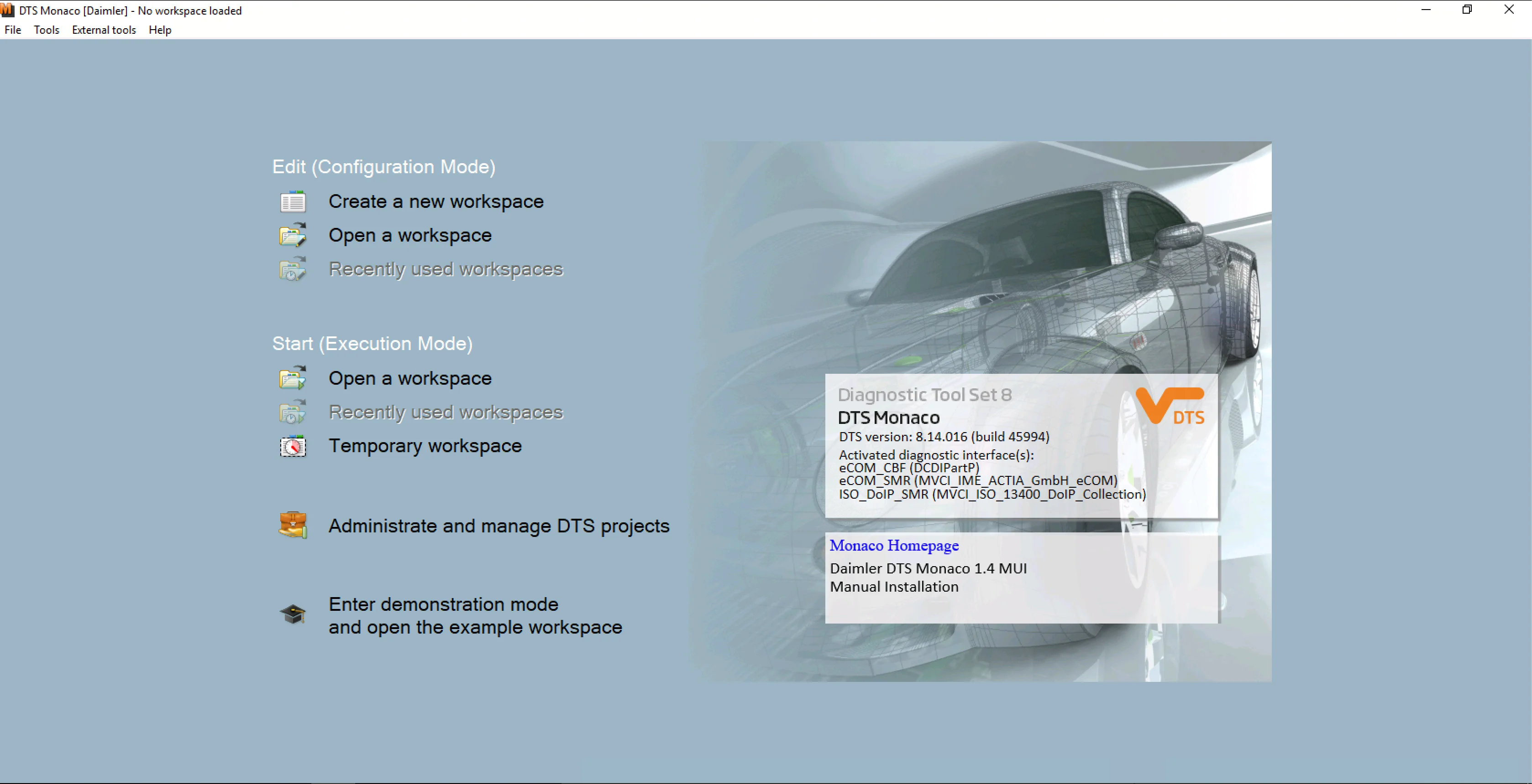 DTS Monaco 8.14.016 start screen showing workspaces and DoIP enabled diagnostic interfaces