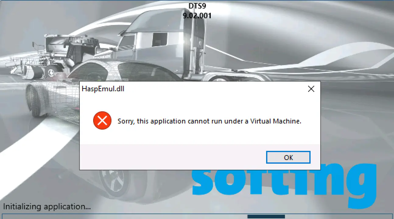 DTS Monaco 9.02 startup showing HaspEmul.dll warning that the application cannot run in a virtual machine.