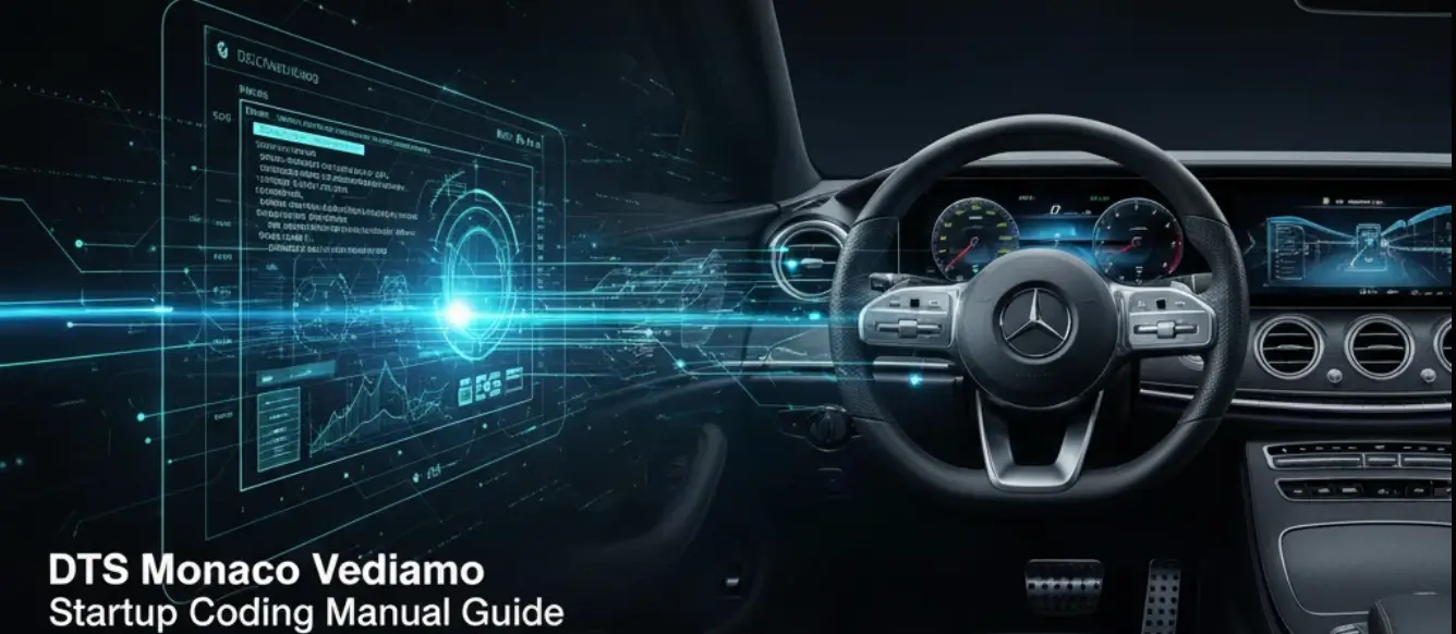 DTS Monaco Vediamo startup coding manual guide illustration with Mercedes digital dashboard and engineering diagnostic interface.