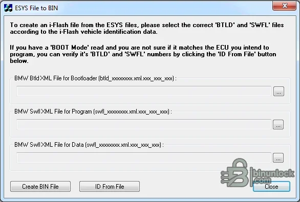 E-SYS File to BIN for BMW interface for selecting bootloader and software XML files to create an ECU binary