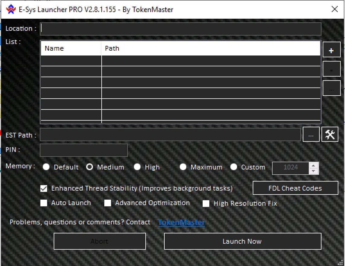 Launcher PRO main window with E-Sys list, EST path + PIN fields, memory profiles, and FDL utilities.