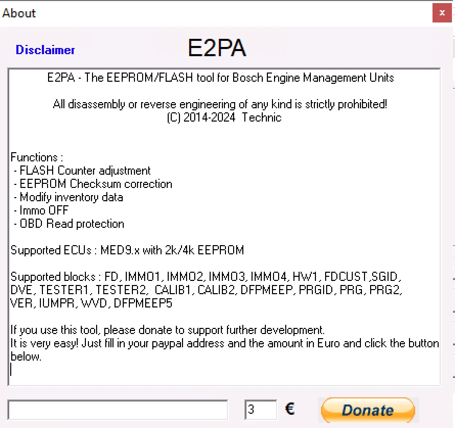 The About screen for the E2PA software, detailing its functions like Immo OFF and EEPROM Checksum correction, and listing supported ECUs like the Bosch MED9.x.