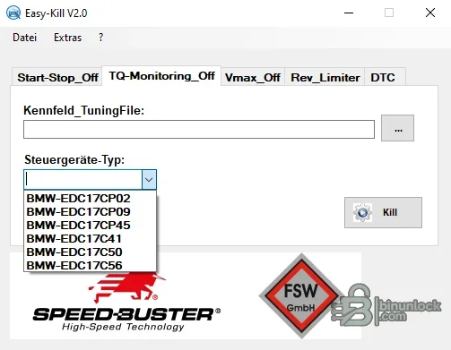 Easy Kill EDC17 interface showing BMW controller choices for torque monitoring file editing
