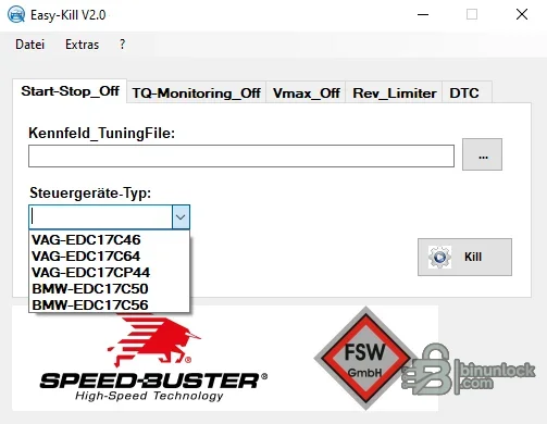 German-language start-stop editing screen and Bosch controller selector