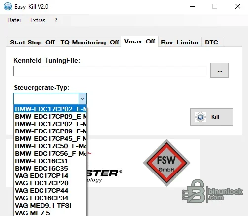 Speed limiter editing tab with BMW, VAG, EDC16, EDC17, MED9 and ME7 choices