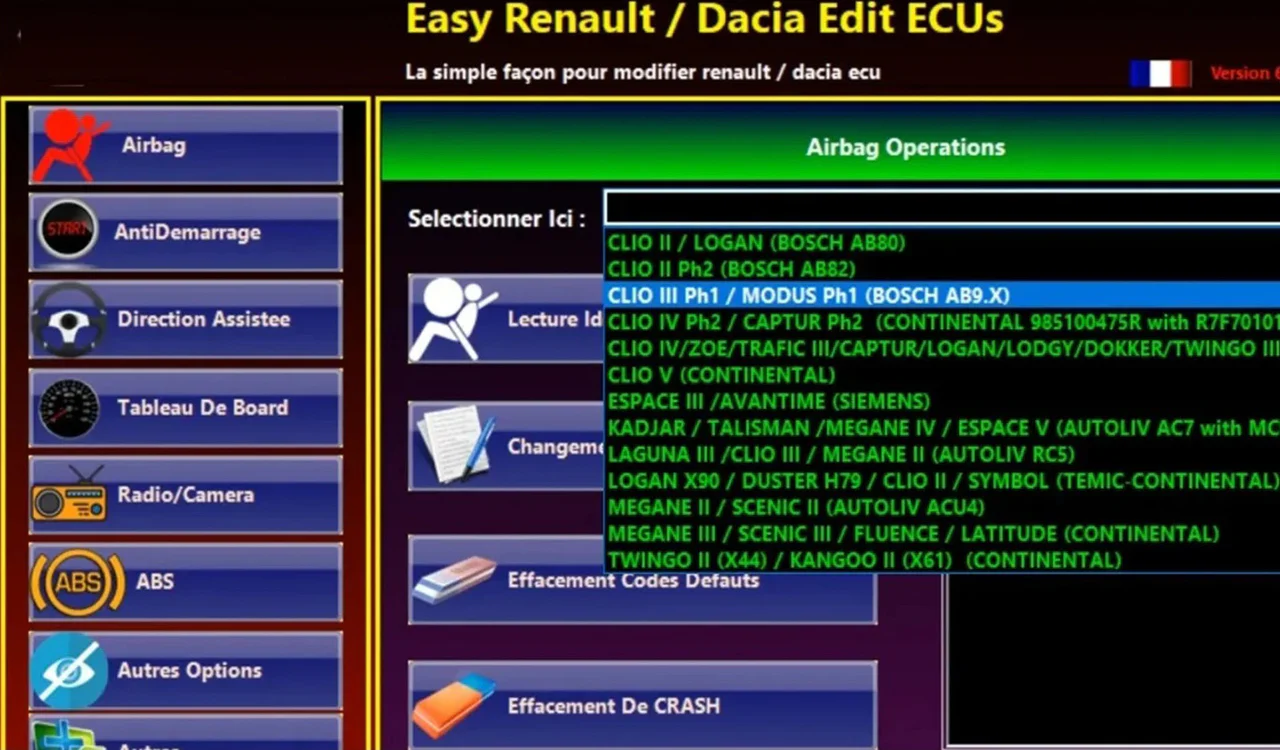 Easy Renault 6.1.4 airbag operations screen listing supported Renault and Dacia models and airbag ECUs.