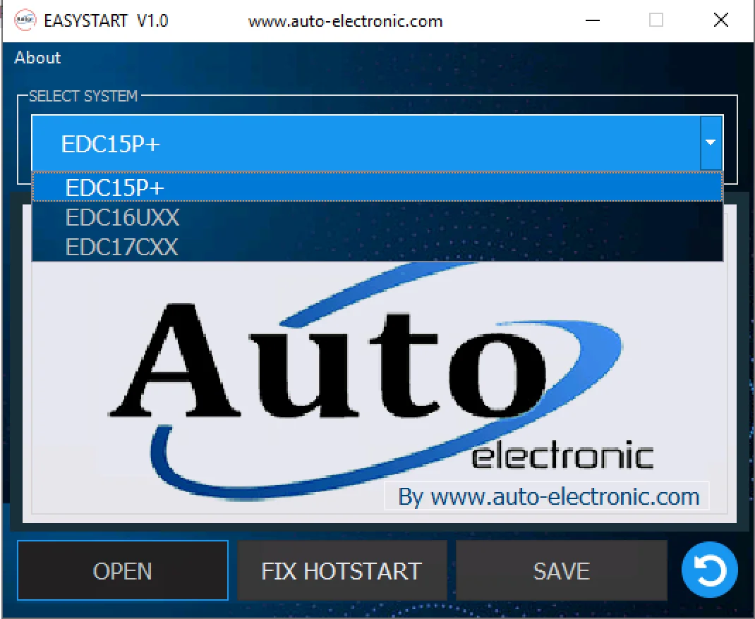 Easystart v1.0 main screen selecting EDC15P+, EDC16UXX or EDC17CXX for VAG hot start repair