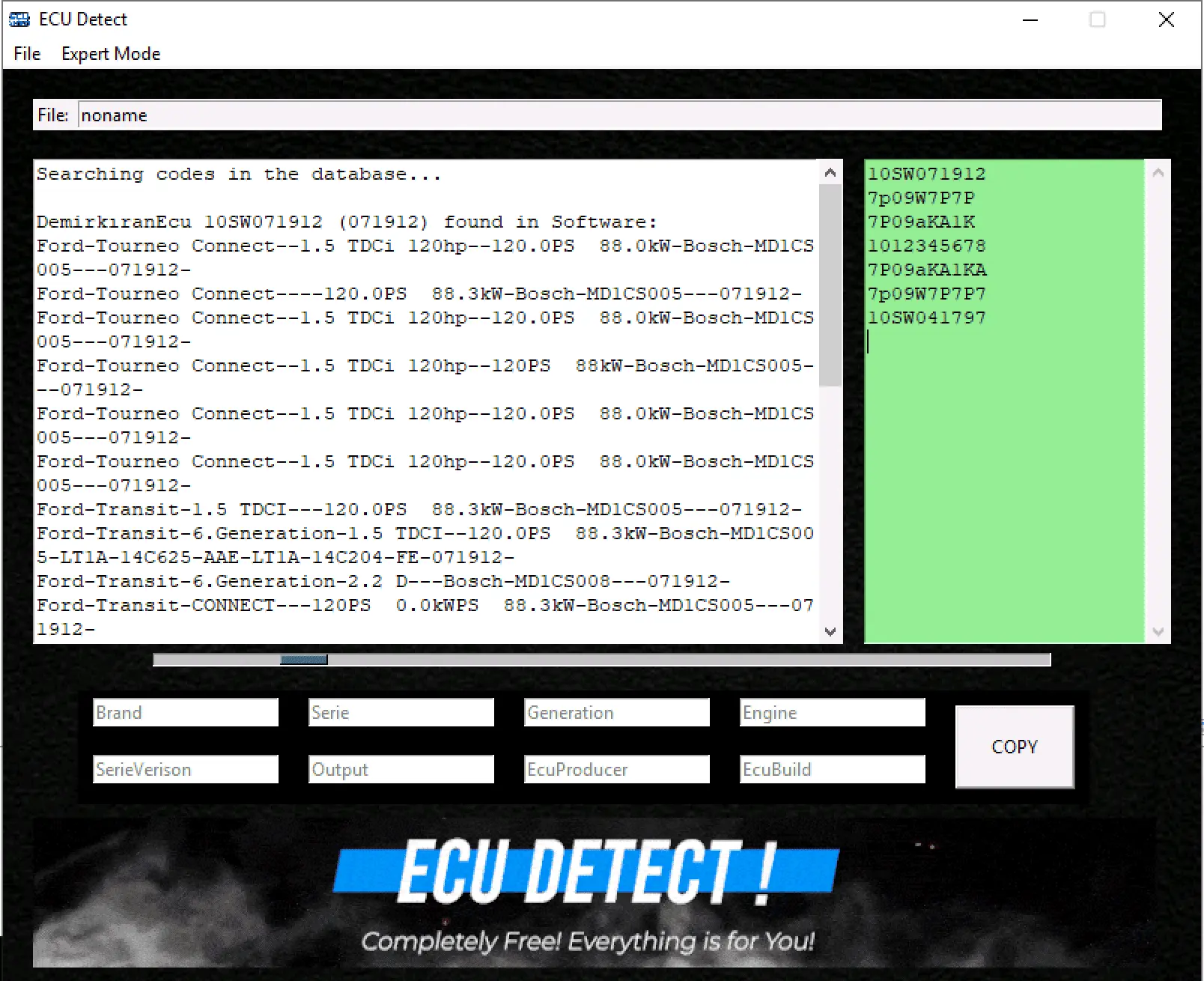 ECU Detect main window showing database search results with software IDs and structured fields