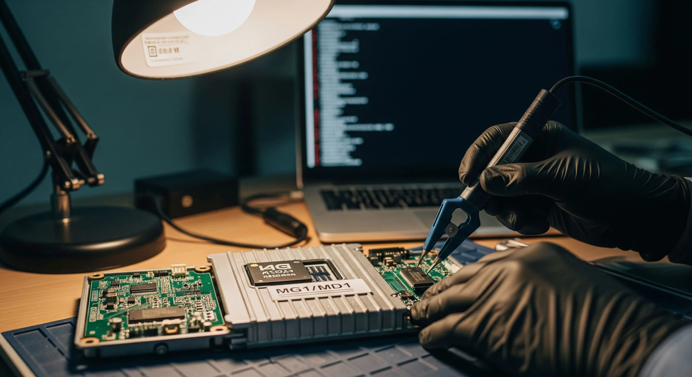 A technician in black gloves programming the EEPROM chip on an MG1/MD1 engine control unit board.