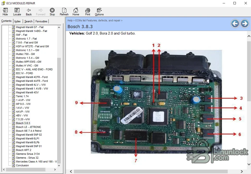 Bosch 3.8.3 ECU board reference with numbered component locations for Golf, Bora and Gol applications