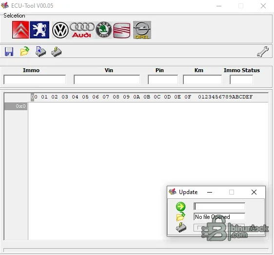 ECU Reader interface with VAG, Peugeot, Citroen and Opel selections plus immobilizer, VIN, PIN and mileage fields