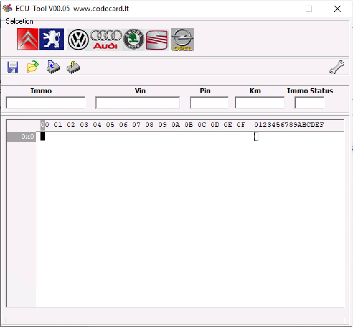ECU-Tool v00.05 main window showing brand icons, hex viewer and IMMO VIN PIN KM fields