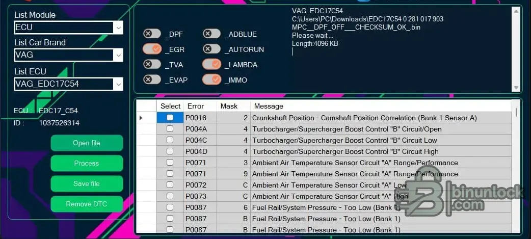 ECU Tuning Solutions v1.01 with VAG EDC17C54 selected, DTC table view, and offline file processing workflow controls.