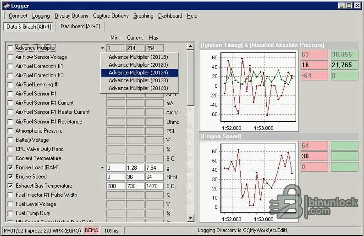 ECUEdit logger displaying Subaru diagnostic parameters with minimum, current and maximum values