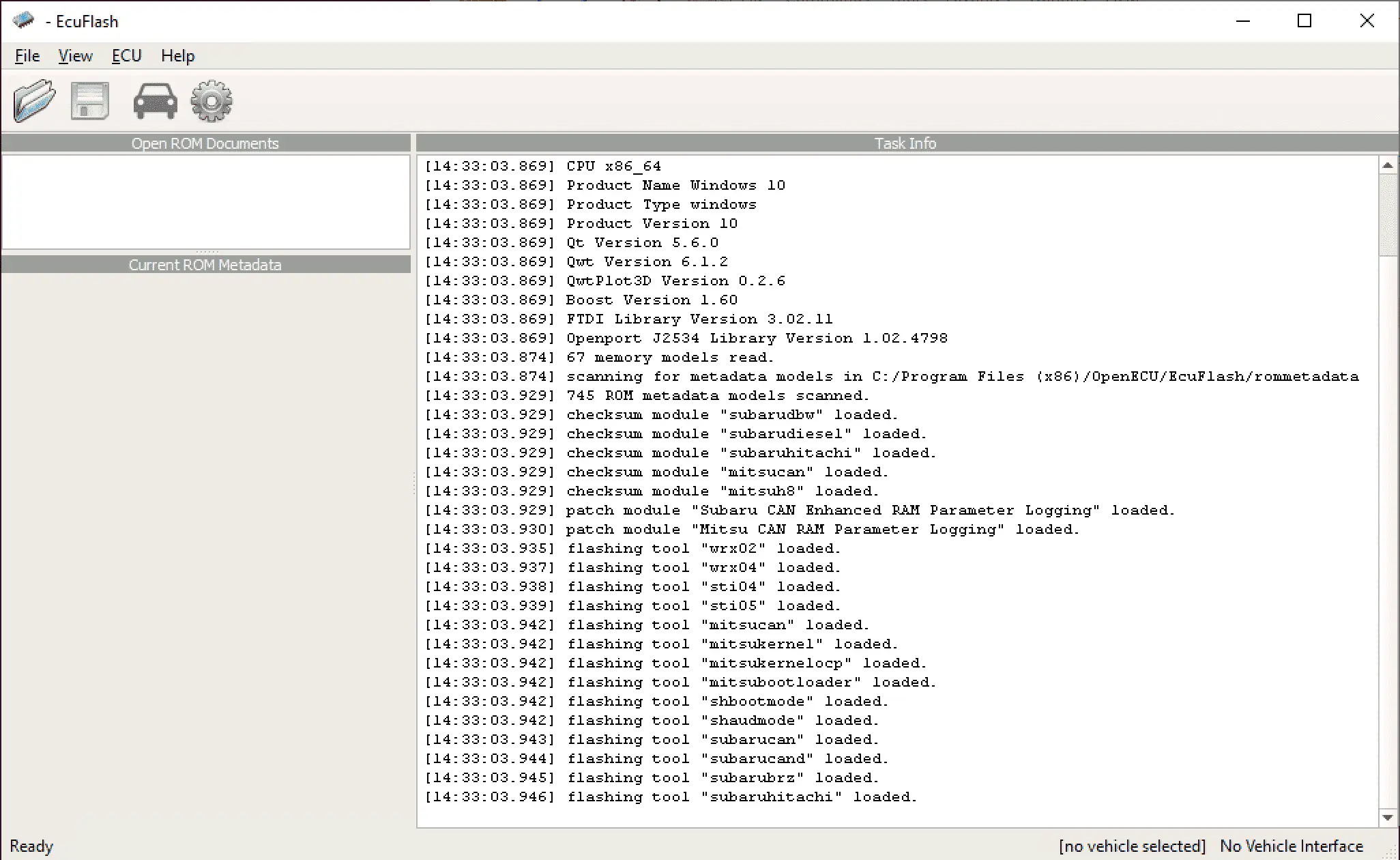 EcuFlash main window showing Open ROM panel, Current ROM Metadata and live Task Info with loaded checksum and flashing modules.
