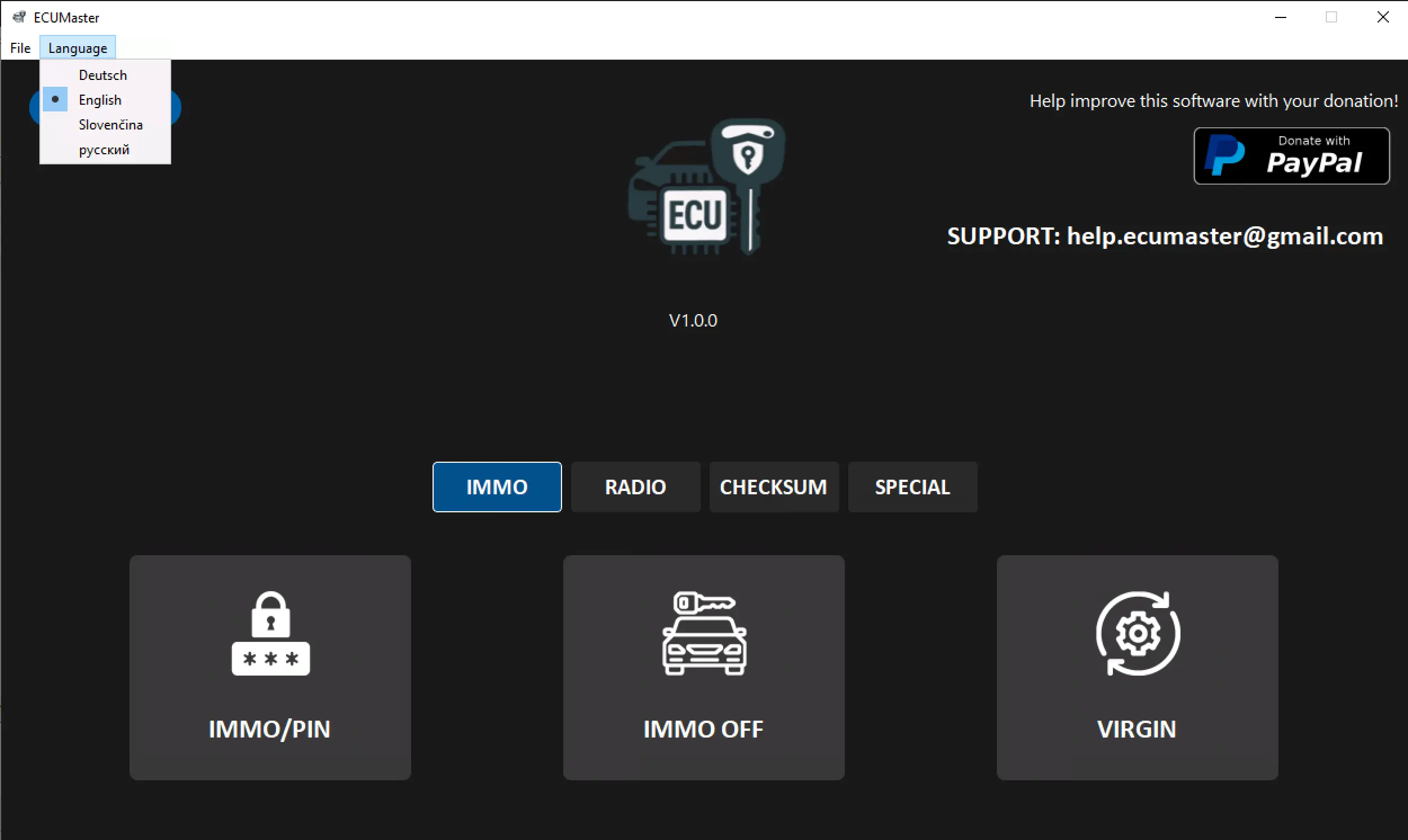 ECUMaster v1.0.0 main menu showing IMMO, radio, checksum and special ECU service functions.