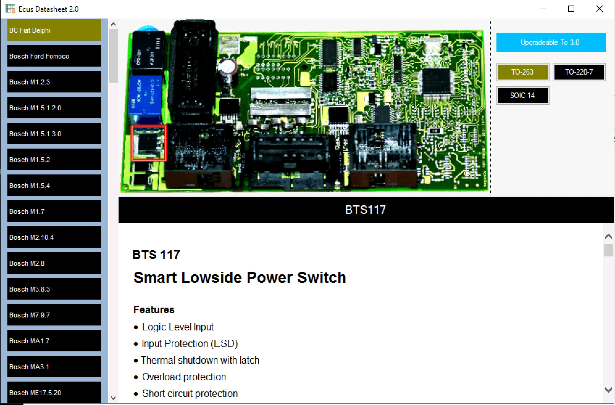 ECUs Datasheet v2.0 board photo with BTS117 location and features