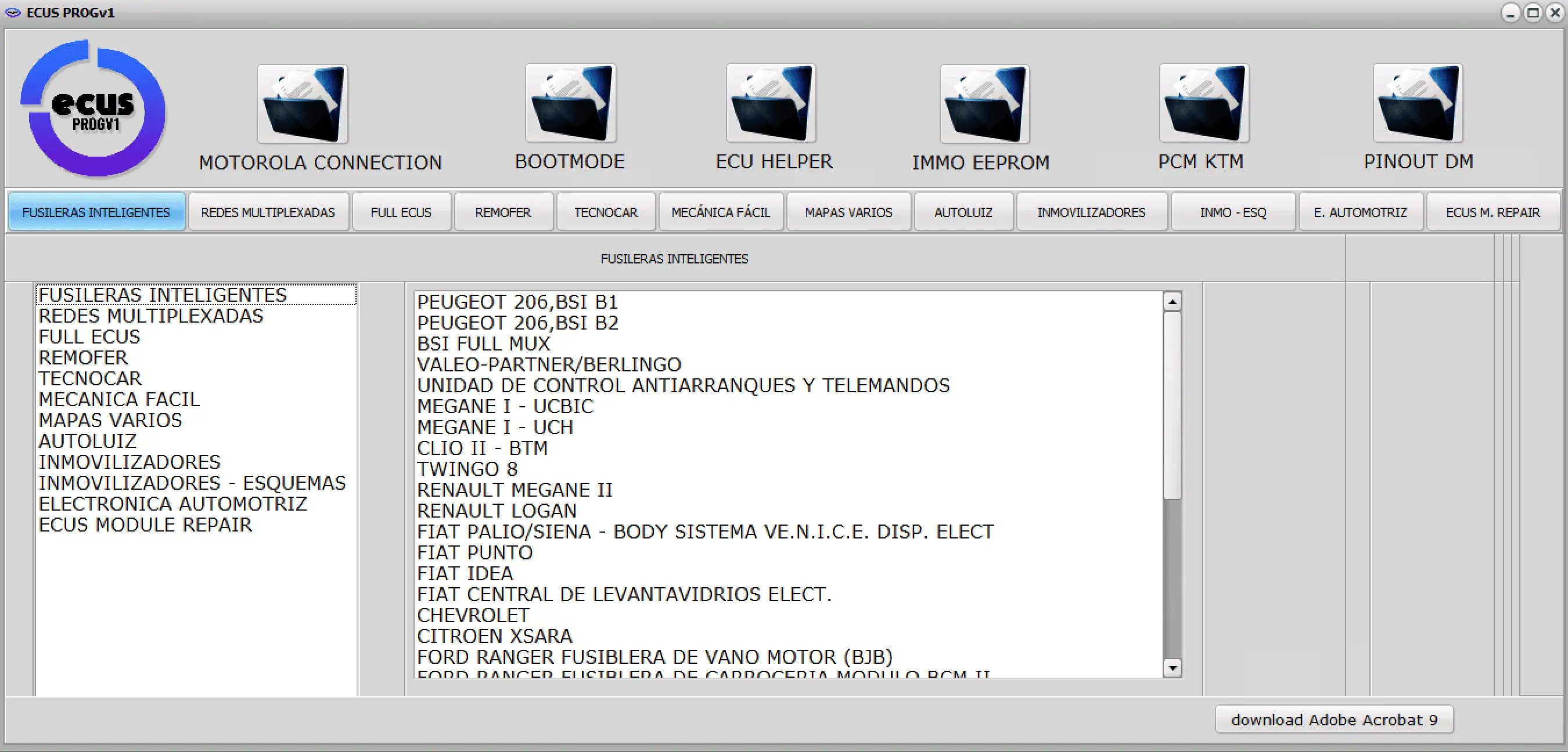 ECUS PROG v1 software showing the Intelligent Fuseboxes database with BSI information for Peugeot, Fiat, and Renault.
