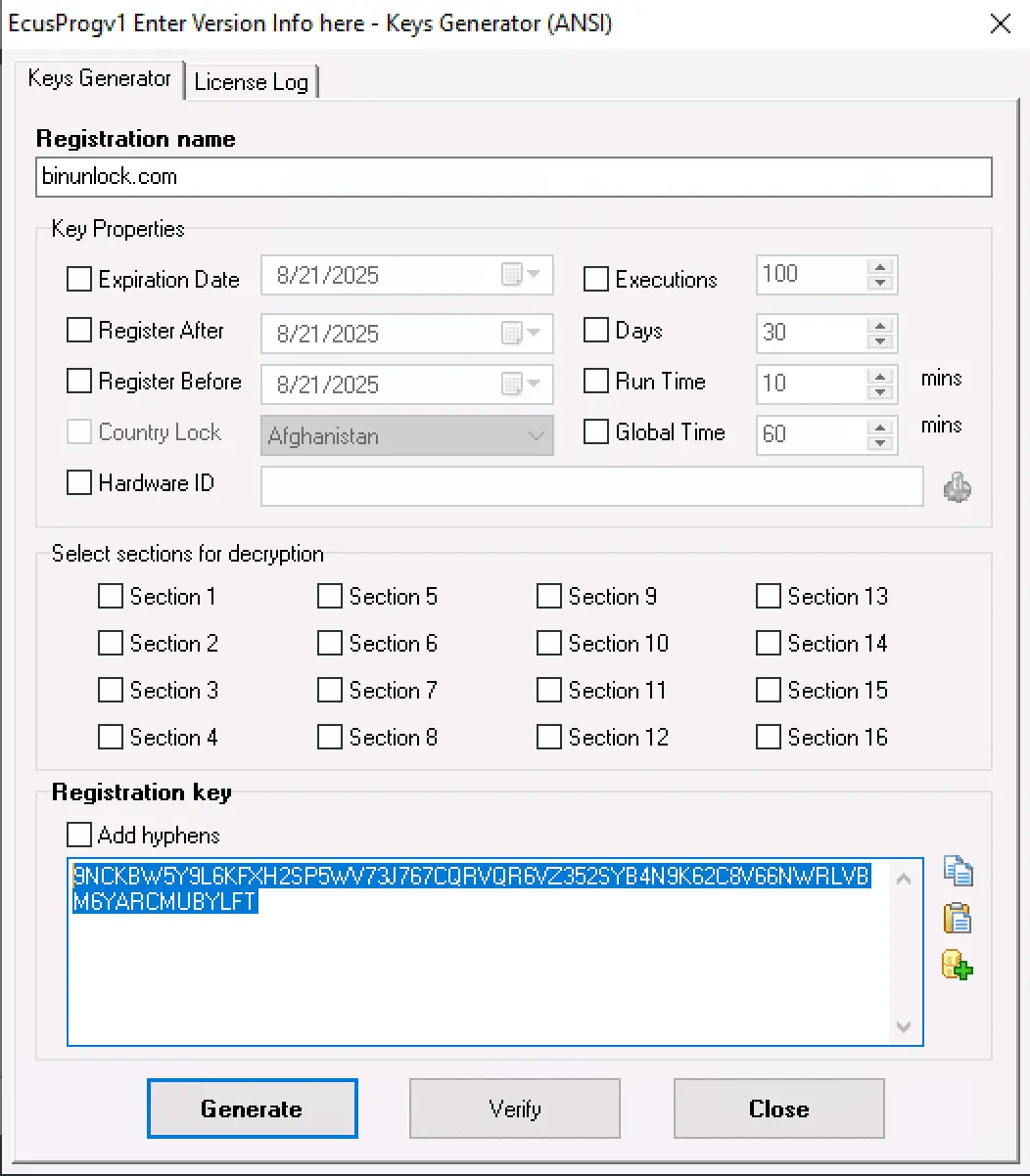 The key generator for ECUS PROG v1, used to create a registration key for full offline software activation.