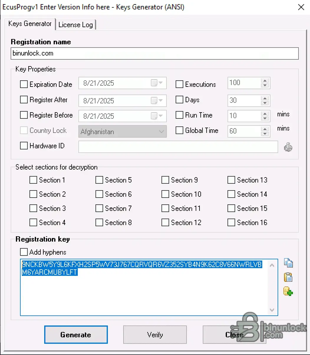 The key generator for ECUS PROG v1, used to create a registration key for full offline software activation.
