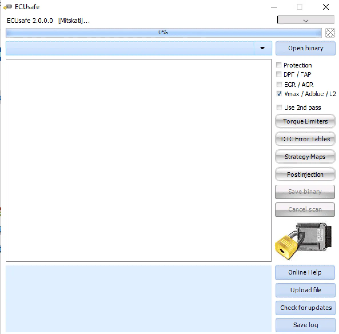 The main interface of ECUsafe v2, showing the buttons for opening a binary file and the checkboxes for DPF, EGR, and Vmax/Adblue solutions.