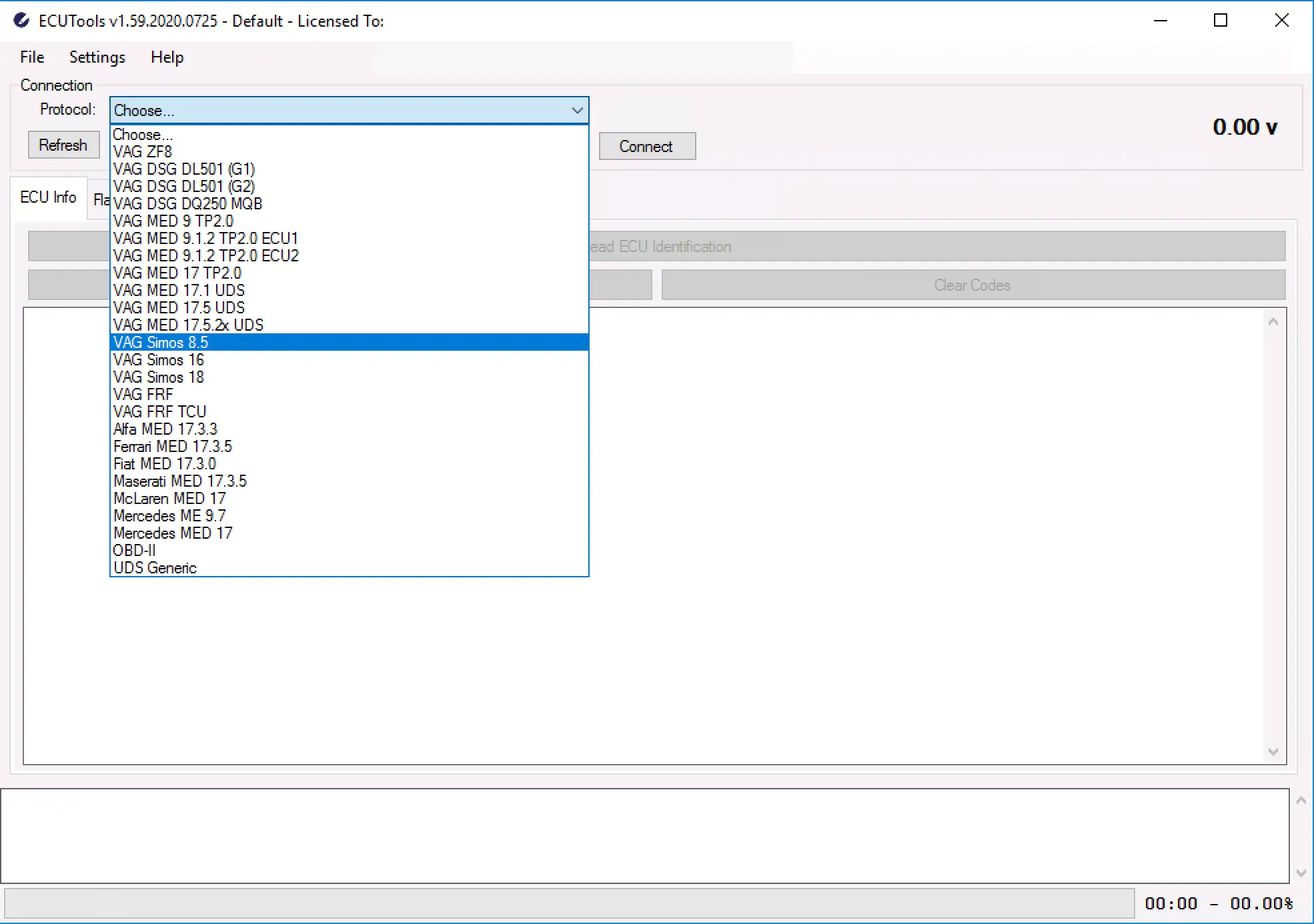 ECUTools v1.59 protocol chooser with VAG MED17, Simos, DSG, ZF8 and UDS options