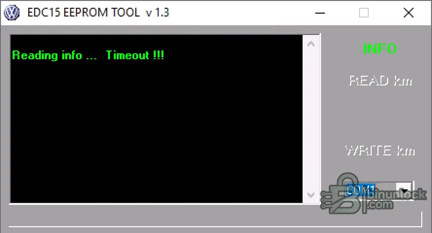 EDC15 EEPROM Tool v1.3 window showing ECU info reading and km read or write options during diagnostics service work.