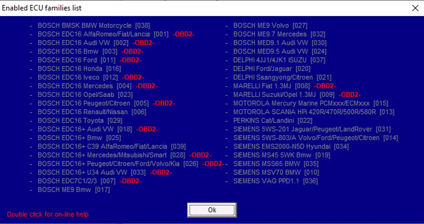 EDC16 OBD BDM v1.1 enabled ECU families list displaying supported Bosch EDC16, ME9, Siemens and Marelli controllers.