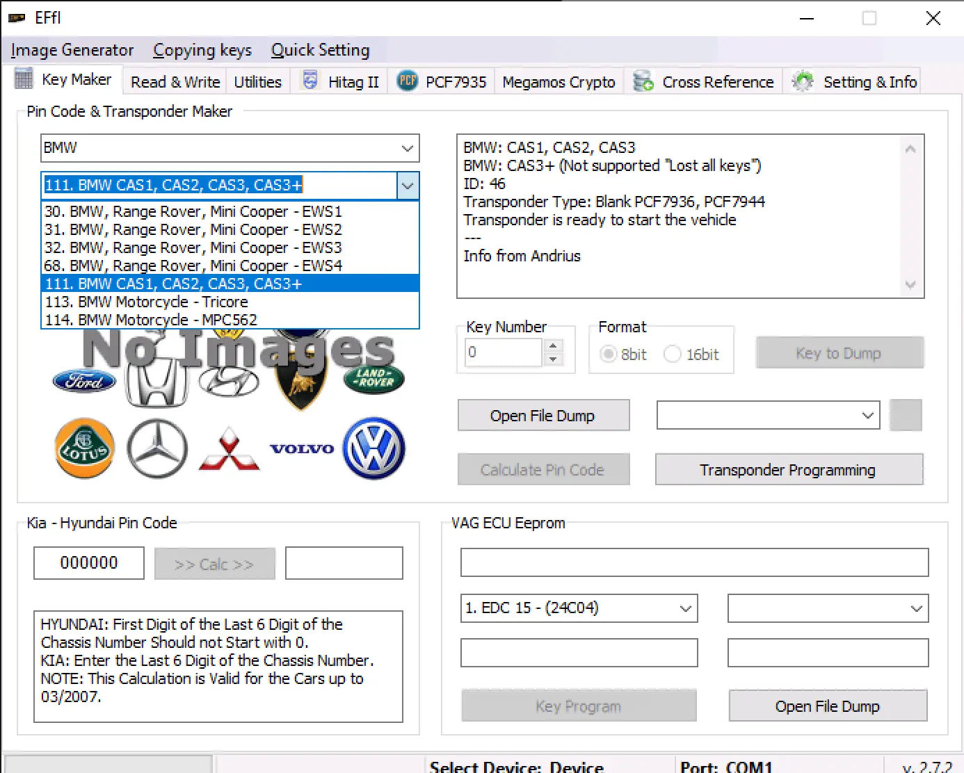 The Pin Code & Transponder Maker in EFFI, showing the selection menu for BMW immobilizer systems like CAS1, CAS2, and CAS3.