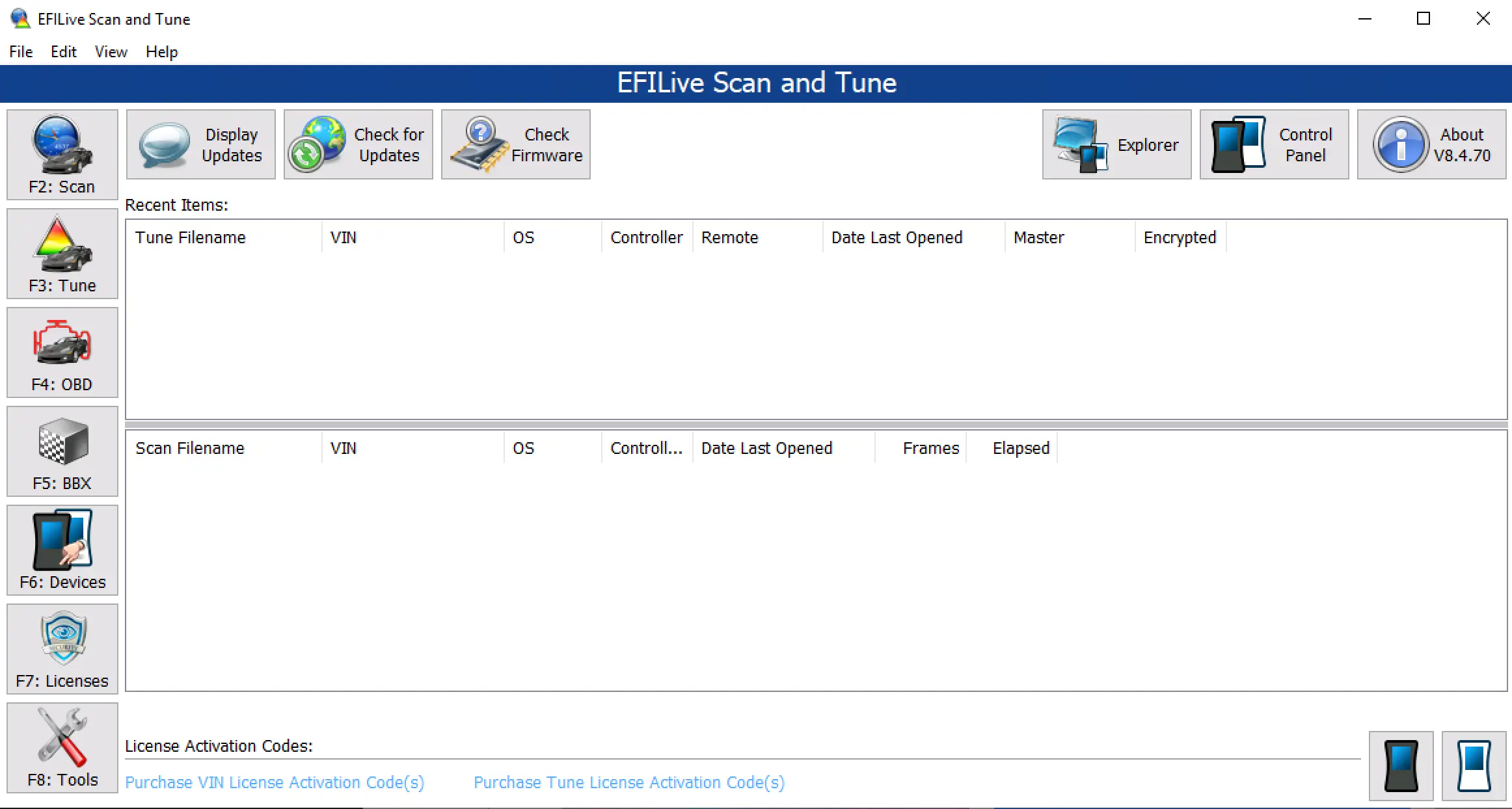 EFI Live Scan and Tune v8.4.70 main workspace showing Scan, Tune, OBD tabs and recent file list for logging and calibration.
